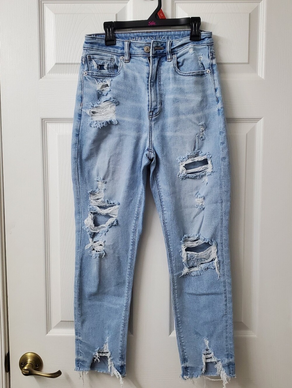 American Eagle Outfitters Light Blue Distressed Cut Out Stretch Jeans Sz 2 Short